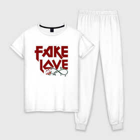 Женская пижама хлопок с принтом Fake Love в Тюмени, 100% хлопок | брюки и футболка прямого кроя, без карманов, на брюках мягкая резинка на поясе и по низу штанин | fake | иллюстрация | любовь | наигранная любовь | роза | цветок