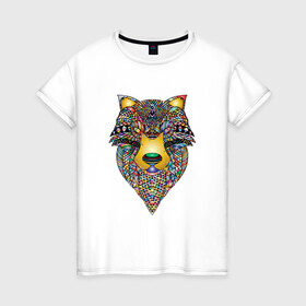 Женская футболка хлопок с принтом Разноцветная голова волка в Тюмени, 100% хлопок | прямой крой, круглый вырез горловины, длина до линии бедер, слегка спущенное плечо | волк | голова | животные | злой | разноцветный | хищник