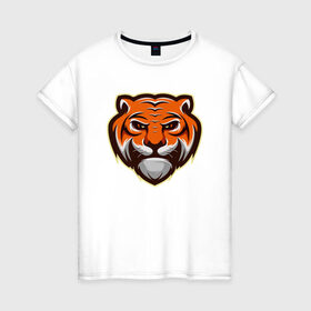 Женская футболка хлопок с принтом Мудрый Тигр в Тюмени, 100% хлопок | прямой крой, круглый вырез горловины, длина до линии бедер, слегка спущенное плечо | 2022 | animal | cat | lion | tiger | год тигра | животные | зверь | зубы | кот | кошка | лев | охотник | полосатый | природа | тигр | тигренок | тигрица | хищник