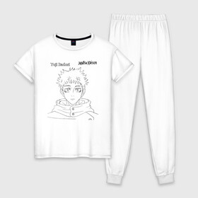 Женская пижама хлопок с принтом Итадори Юдзи Магическая битва в Тюмени, 100% хлопок | брюки и футболка прямого кроя, без карманов, на брюках мягкая резинка на поясе и по низу штанин | anime | jujutsu kaisen | manga | sorsery fight | yuji itadori | аниме | джутсу кайсен | дзюдзюцу кайсэн | засранец | итадори юдзи | маг | магическая битва | манга | проклятия | сосуд для сукуна