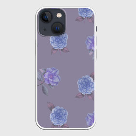 Чехол для iPhone 13 mini с принтом Голубые камелии на сером в Тюмени,  |  | 8 марта | flowers | march 8 | spring | ботаническая иллюстрация | весна | день рождения | зеленый | камелии | лето | листья | любовь | праздник | принт | природа | растения | серый | цветы