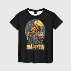 Женская футболка 3D с принтом HALLOWEEN в Тюмени, 100% полиэфир ( синтетическое хлопкоподобное полотно) | прямой крой, круглый вырез горловины, длина до линии бедер | halloween | holiday | pumpkin | samayn | vampire | zombie | вампир | ведьма | вечеринка | день всех святых | зомби | карнавал | маскарад | мертвец | оборотень | привидение | самайн | светильник джека | страшный джек | труп