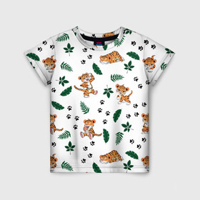 Детская футболка 3D с принтом Милый тигр в Тюмени, 100% гипоаллергенный полиэфир | прямой крой, круглый вырез горловины, длина до линии бедер, чуть спущенное плечо, ткань немного тянется | 2022 | год тигра | листья | милый тигр | новый год | паттерн | принт | саванна | следы | тигренок | фон | хищник