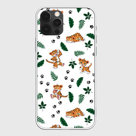 Чехол для iPhone 12 Pro с принтом Милый тигр в Тюмени, силикон | область печати: задняя сторона чехла, без боковых панелей | 2022 | год тигра | листья | милый тигр | новый год | паттерн | принт | саванна | следы | тигренок | фон | хищник