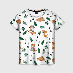 Женская футболка 3D с принтом Милый тигр в Тюмени, 100% полиэфир ( синтетическое хлопкоподобное полотно) | прямой крой, круглый вырез горловины, длина до линии бедер | 2022 | год тигра | листья | милый тигр | новый год | паттерн | принт | саванна | следы | тигренок | фон | хищник