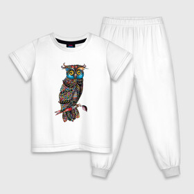 Детская пижама хлопок с принтом Сова на ветке в Тюмени, 100% хлопок |  брюки и футболка прямого кроя, без карманов, на брюках мягкая резинка на поясе и по низу штанин
 | иллюстрация | лист | на ветке | птица | рисунок | сова
