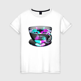 Женская футболка хлопок с принтом Волшебная чашка в Тюмени, 100% хлопок | прямой крой, круглый вырез горловины, длина до линии бедер, слегка спущенное плечо | color cup | magic cup | magic mug | neon cup | волшебная кружка | волшебная чашка | кофе | магическая кружка | магическая чашка | неоновая кружка | неоновая чашка | стеклянная кружка | стеклянная чашка