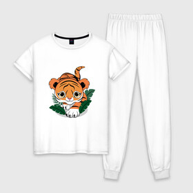 Женская пижама хлопок с принтом Тигр охотник в Тюмени, 100% хлопок | брюки и футболка прямого кроя, без карманов, на брюках мягкая резинка на поясе и по низу штанин | котенок | крадется | листья | милый | охотится | подкрадывается | ползет | тигр | тигренок