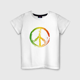 Детская футболка хлопок с принтом Радужный мир | Peace (Z) в Тюмени, 100% хлопок | круглый вырез горловины, полуприлегающий силуэт, длина до линии бедер | Тематика изображения на принте: bloom | blossom | floret | flowers | hippies | peace | знак | любовь | мир | радуга | радужный | радужный мир | символ | хиппи | цветы