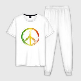 Мужская пижама хлопок с принтом Радужный мир | Peace (Z) в Тюмени, 100% хлопок | брюки и футболка прямого кроя, без карманов, на брюках мягкая резинка на поясе и по низу штанин
 | bloom | blossom | floret | flowers | hippies | peace | знак | любовь | мир | радуга | радужный | радужный мир | символ | хиппи | цветы