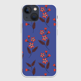 Чехол для iPhone 13 mini с принтом Цветы на синем фоне в Тюмени,  |  | 8 марта | flowers | summer | ботаническая иллюстрация | весна | коричневый | красный | лето | листья | любовь | праздник | принт | природа | растения | синий | цветы