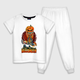Детская пижама хлопок с принтом Кладбищенский парень в Тюмени, 100% хлопок |  брюки и футболка прямого кроя, без карманов, на брюках мягкая резинка на поясе и по низу штанин
 | иллюстрация | кладбище | мальчик | надгробие | тыква | череп