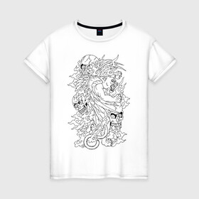 Женская футболка хлопок с принтом Tiger & Skulls tattoo в Тюмени, 100% хлопок | прямой крой, круглый вырез горловины, длина до линии бедер, слегка спущенное плечо | graphics | hype | jungle | skull | tattoo | tiger | графика | татуировка | тигр | хайп | череп