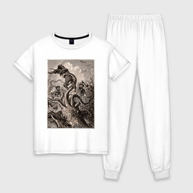 Женская пижама хлопок с принтом Кракен морское чудовище в Тюмени, 100% хлопок | брюки и футболка прямого кроя, без карманов, на брюках мягкая резинка на поясе и по низу штанин | kraken | sea monster | кракен | морское чудовище | осьминог