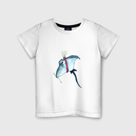 Детская футболка хлопок с принтом Электрический скат с молниями в Тюмени, 100% хлопок | круглый вырез горловины, полуприлегающий силуэт, длина до линии бедер | колчан | молнии | морской | плавники | ремень | рыба | скат | удар током | улыбка | хвост | электричество