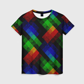 Женская футболка 3D с принтом Разноцветный мраморный узор  в Тюмени, 100% полиэфир ( синтетическое хлопкоподобное полотно) | прямой крой, круглый вырез горловины, длина до линии бедер | абстрактный | зеленый | красный | мраморный | пэчворк | радужный | разноцветный | синий | черный