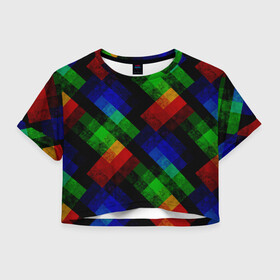 Женская футболка Crop-top 3D с принтом Разноцветный мраморный узор  в Тюмени, 100% полиэстер | круглая горловина, длина футболки до линии талии, рукава с отворотами | абстрактный | зеленый | красный | мраморный | пэчворк | радужный | разноцветный | синий | черный
