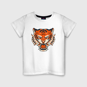 Детская футболка хлопок с принтом Super Tiger в Тюмени, 100% хлопок | круглый вырез горловины, полуприлегающий силуэт, длина до линии бедер | 2022 | animal | cat | lion | tiger | год тигра | животные | зверь | зубы | кот | кошка | лев | охотник | полосатый | природа | тигр | тигренок | тигрица | хищник