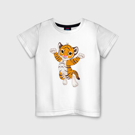 Детская футболка хлопок с принтом Милый тигренок в Тюмени, 100% хлопок | круглый вырез горловины, полуприлегающий силуэт, длина до линии бедер | 2022 | animal | cat | lion | tiger | год тигра | животные | зверь | зубы | кот | кошка | лев | охотник | полосатый | природа | тигр | тигренок | тигрица | хищник