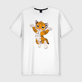 Мужская футболка хлопок Slim с принтом Милый тигренок в Тюмени, 92% хлопок, 8% лайкра | приталенный силуэт, круглый вырез ворота, длина до линии бедра, короткий рукав | 2022 | animal | cat | lion | tiger | год тигра | животные | зверь | зубы | кот | кошка | лев | охотник | полосатый | природа | тигр | тигренок | тигрица | хищник