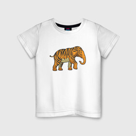 Детская футболка хлопок с принтом Тигровый слон в Тюмени, 100% хлопок | круглый вырез горловины, полуприлегающий силуэт, длина до линии бедер | 2022 | animal | cat | elephant | lion | tiger | африка | год тигра | животные | зверь | зубы | кот | кошка | лев | охотник | полосатый | природа | слон | слоненок | тигр | тигренок | тигрица | хищник