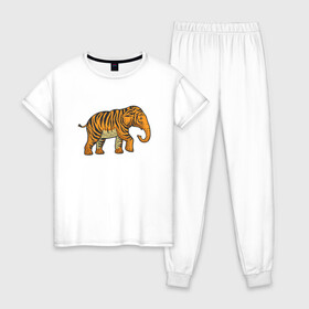 Женская пижама хлопок с принтом Тигровый слон в Тюмени, 100% хлопок | брюки и футболка прямого кроя, без карманов, на брюках мягкая резинка на поясе и по низу штанин | 2022 | animal | cat | elephant | lion | tiger | африка | год тигра | животные | зверь | зубы | кот | кошка | лев | охотник | полосатый | природа | слон | слоненок | тигр | тигренок | тигрица | хищник