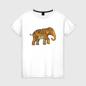 Женская футболка хлопок с принтом Тигровый слон в Тюмени, 100% хлопок | прямой крой, круглый вырез горловины, длина до линии бедер, слегка спущенное плечо | 2022 | animal | cat | elephant | lion | tiger | африка | год тигра | животные | зверь | зубы | кот | кошка | лев | охотник | полосатый | природа | слон | слоненок | тигр | тигренок | тигрица | хищник