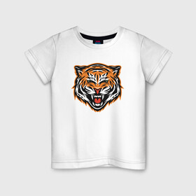 Детская футболка хлопок с принтом Грозный тигр в Тюмени, 100% хлопок | круглый вырез горловины, полуприлегающий силуэт, длина до линии бедер | 2022 | animal | cat | lion | tiger | год тигра | животные | зверь | зубы | кот | кошка | лев | охотник | полосатый | природа | тигр | тигренок | тигрица | хищник