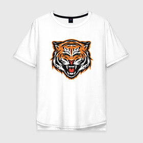Мужская футболка хлопок Oversize с принтом Грозный тигр в Тюмени, 100% хлопок | свободный крой, круглый ворот, “спинка” длиннее передней части | 2022 | animal | cat | lion | tiger | год тигра | животные | зверь | зубы | кот | кошка | лев | охотник | полосатый | природа | тигр | тигренок | тигрица | хищник