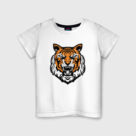 Детская футболка хлопок с принтом Голова тигра в Тюмени, 100% хлопок | круглый вырез горловины, полуприлегающий силуэт, длина до линии бедер | 2022 | animal | cat | lion | tiger | год тигра | животные | зверь | зубы | кот | кошка | лев | охотник | полосатый | природа | тигр | тигренок | тигрица | хищник