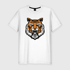 Мужская футболка хлопок Slim с принтом Голова тигра в Тюмени, 92% хлопок, 8% лайкра | приталенный силуэт, круглый вырез ворота, длина до линии бедра, короткий рукав | 2022 | animal | cat | lion | tiger | год тигра | животные | зверь | зубы | кот | кошка | лев | охотник | полосатый | природа | тигр | тигренок | тигрица | хищник