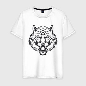 Мужская футболка хлопок с принтом White Tiger в Тюмени, 100% хлопок | прямой крой, круглый вырез горловины, длина до линии бедер, слегка спущенное плечо. | 2022 | animal | cat | lion | tiger | год тигра | животные | зверь | зубы | кот | кошка | лев | охотник | полосатый | природа | тигр | тигренок | тигрица | хищник