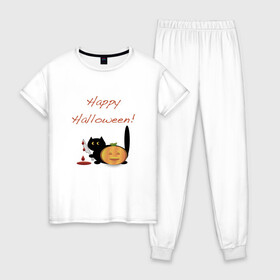 Женская пижама хлопок с принтом Happy Halloween! в Тюмени, 100% хлопок | брюки и футболка прямого кроя, без карманов, на брюках мягкая резинка на поясе и по низу штанин | halloween | hallowin | hellowin | котик | страшилка | тыква | хэллоувин