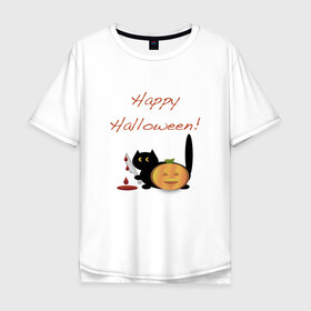 Мужская футболка хлопок Oversize с принтом Happy Halloween! в Тюмени, 100% хлопок | свободный крой, круглый ворот, “спинка” длиннее передней части | halloween | hallowin | hellowin | котик | страшилка | тыква | хэллоувин