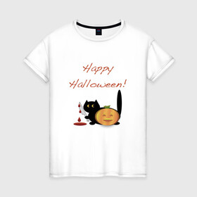 Женская футболка хлопок с принтом Happy Halloween! в Тюмени, 100% хлопок | прямой крой, круглый вырез горловины, длина до линии бедер, слегка спущенное плечо | halloween | hallowin | hellowin | котик | страшилка | тыква | хэллоувин