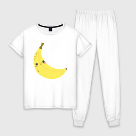 Женская пижама хлопок с принтом Веселый банан в Тюмени, 100% хлопок | брюки и футболка прямого кроя, без карманов, на брюках мягкая резинка на поясе и по низу штанин | банан | еда | иллюстрация | плод | рисунок | с глазами