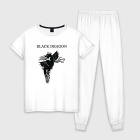 Женская пижама хлопок с принтом Дракон  в Тюмени, 100% хлопок | брюки и футболка прямого кроя, без карманов, на брюках мягкая резинка на поясе и по низу штанин | black | dragon | дракон | жар | черный