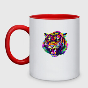 Кружка двухцветная с принтом Color Tiger в Тюмени, керамика | объем — 330 мл, диаметр — 80 мм. Цветная ручка и кайма сверху, в некоторых цветах — вся внутренняя часть | 2022 | animal | cat | lion | tiger | год тигра | животные | зверь | зубы | кот | кошка | лев | охотник | полосатый | природа | тигр | тигренок | тигрица | хищник