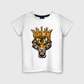 Детская футболка хлопок с принтом Царь тигр в Тюмени, 100% хлопок | круглый вырез горловины, полуприлегающий силуэт, длина до линии бедер | 2022 | animal | cat | lion | tiger | год тигра | животные | зверь | зубы | кот | кошка | лев | охотник | полосатый | природа | тигр | тигренок | тигрица | хищник