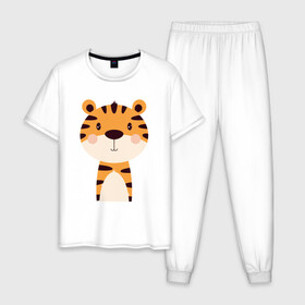 Мужская пижама хлопок с принтом Cartoon Tiger в Тюмени, 100% хлопок | брюки и футболка прямого кроя, без карманов, на брюках мягкая резинка на поясе и по низу штанин
 | 2022 | animal | cat | lion | tiger | год тигра | животные | зверь | зубы | кот | кошка | лев | охотник | полосатый | природа | тигр | тигренок | тигрица | хищник