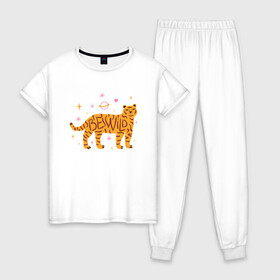 Женская пижама хлопок с принтом Be Wild в Тюмени, 100% хлопок | брюки и футболка прямого кроя, без карманов, на брюках мягкая резинка на поясе и по низу штанин | 2022 | animal | cat | lion | tiger | год тигра | животные | зверь | зубы | кот | кошка | лев | охотник | полосатый | природа | тигр | тигренок | тигрица | хищник