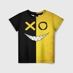 Детская футболка 3D с принтом Yellow and black smile в Тюмени, 100% гипоаллергенный полиэфир | прямой крой, круглый вырез горловины, длина до линии бедер, чуть спущенное плечо, ткань немного тянется | emoji | smile | глаза крестики | злой смайл | злой смайлик | зубы | контраст | крестики | подарок | пятна | смайл | смайлик | улыбка | эмоджи | эмоция