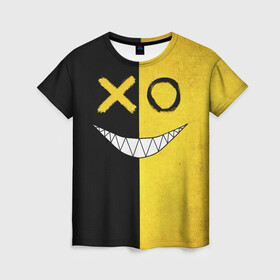 Женская футболка 3D с принтом Yellow and black smile в Тюмени, 100% полиэфир ( синтетическое хлопкоподобное полотно) | прямой крой, круглый вырез горловины, длина до линии бедер | emoji | smile | глаза крестики | злой смайл | злой смайлик | зубы | контраст | крестики | подарок | пятна | смайл | смайлик | улыбка | эмоджи | эмоция