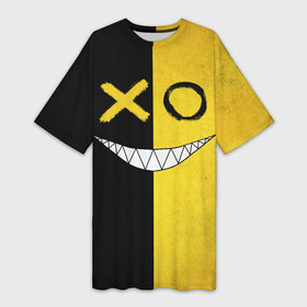 Платье-футболка 3D с принтом Yellow and black smile в Тюмени,  |  | emoji | smile | глаза крестики | злой смайл | злой смайлик | зубы | контраст | крестики | подарок | пятна | смайл | смайлик | улыбка | эмоджи | эмоция