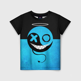 Детская футболка 3D с принтом Smail Blue в Тюмени, 100% гипоаллергенный полиэфир | прямой крой, круглый вырез горловины, длина до линии бедер, чуть спущенное плечо, ткань немного тянется | emoji | smile | глаза крестики | злой смайл | злой смайлик | зубы | контраст | крестики | подарок | пятна | смайл | смайлик | улыбка | эмоджи | эмоция