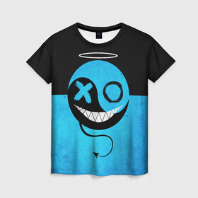 Женская футболка 3D с принтом Smail Blue в Тюмени, 100% полиэфир ( синтетическое хлопкоподобное полотно) | прямой крой, круглый вырез горловины, длина до линии бедер | Тематика изображения на принте: emoji | smile | глаза крестики | злой смайл | злой смайлик | зубы | контраст | крестики | подарок | пятна | смайл | смайлик | улыбка | эмоджи | эмоция