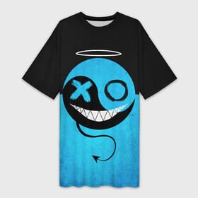 Платье-футболка 3D с принтом Smail Blue в Тюмени,  |  | emoji | smile | глаза крестики | злой смайл | злой смайлик | зубы | контраст | крестики | подарок | пятна | смайл | смайлик | улыбка | эмоджи | эмоция