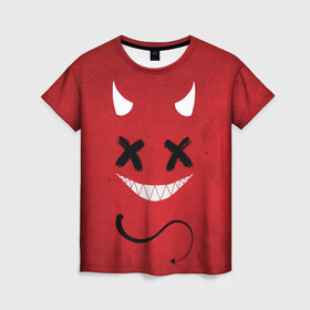 Женская футболка 3D с принтом Red Evil Smile в Тюмени, 100% полиэфир ( синтетическое хлопкоподобное полотно) | прямой крой, круглый вырез горловины, длина до линии бедер | emoji | smile | глаза крестики | злой смайл | злой смайлик | зубы | контраст | крестики | подарок | пятна | смайл | смайлик | улыбка | эмоджи | эмоция