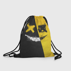 Рюкзак-мешок 3D с принтом Yellow and Black Emoji в Тюмени, 100% полиэстер | плотность ткани — 200 г/м2, размер — 35 х 45 см; лямки — толстые шнурки, застежка на шнуровке, без карманов и подкладки | emoji | smile | глаза крестики | злой смайл | злой смайлик | зубы | контраст | крестики | подарок | пятна | смайл | смайлик | улыбка | эмоджи | эмоция