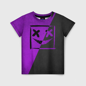 Детская футболка 3D с принтом Purple Smile в Тюмени, 100% гипоаллергенный полиэфир | прямой крой, круглый вырез горловины, длина до линии бедер, чуть спущенное плечо, ткань немного тянется | emoji | smile | глаза крестики | злой смайл | злой смайлик | зубы | контраст | крестики | подарок | пятна | смайл | смайлик | улыбка | эмоджи | эмоция